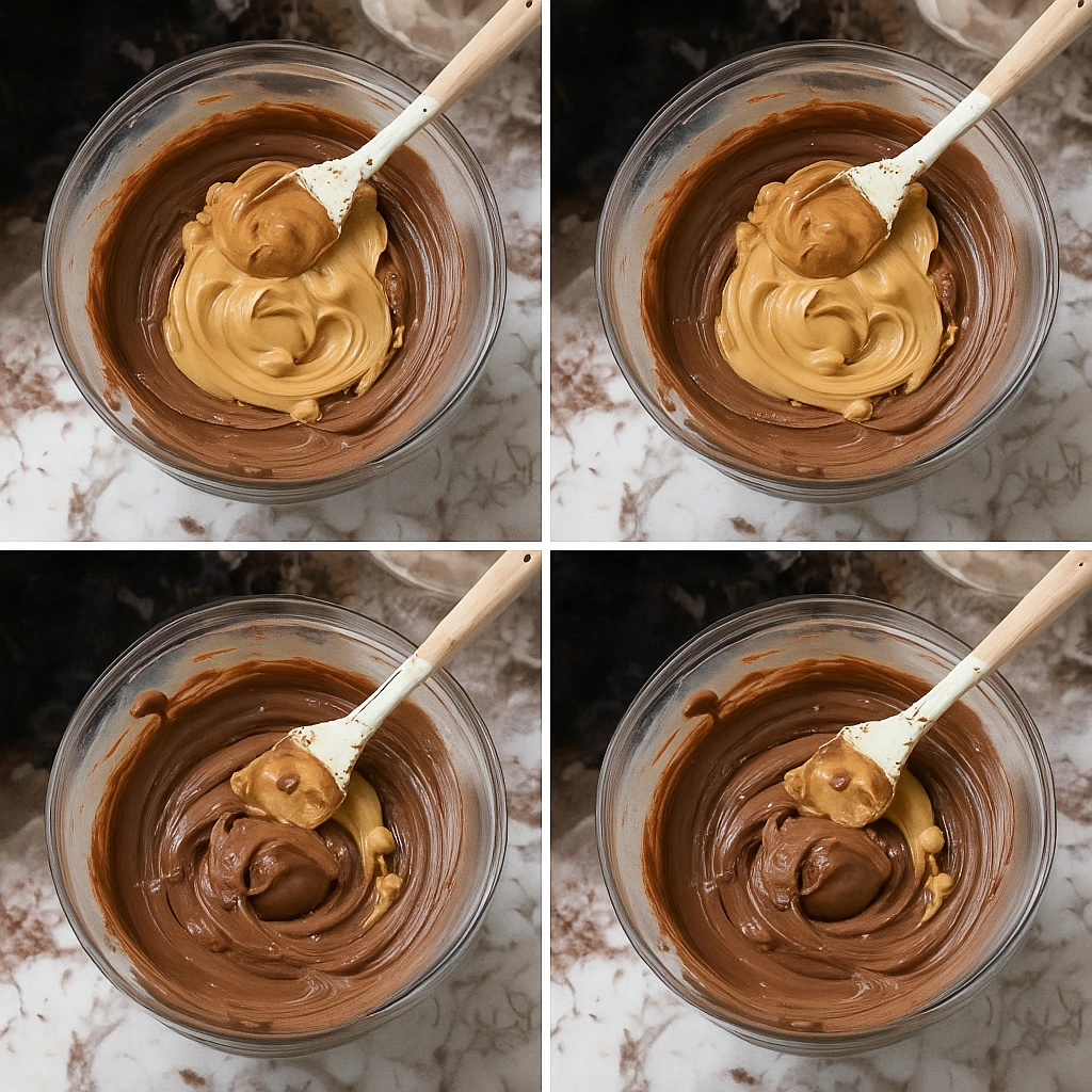 a spatula swirling peanut butter into chocolate ice cream base