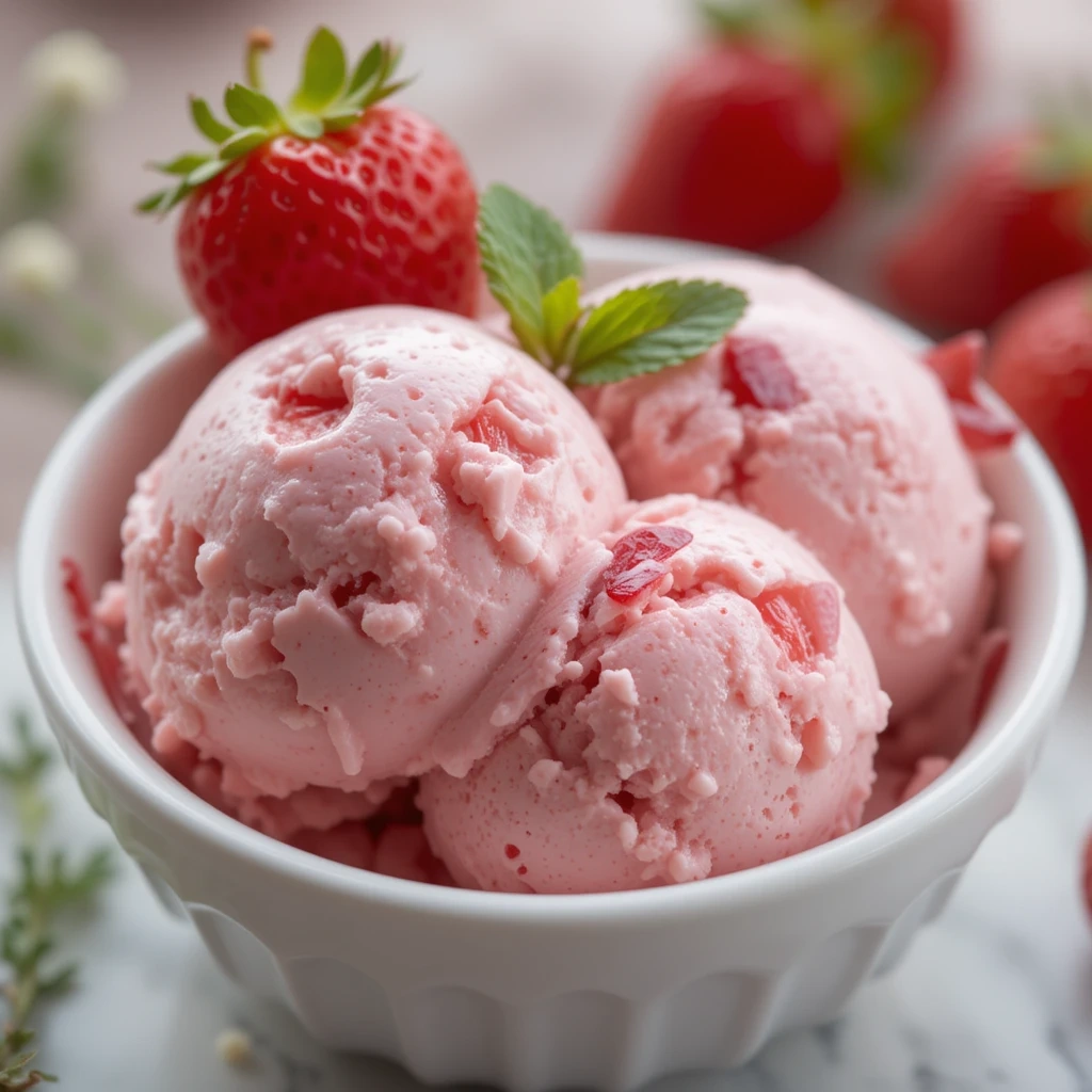 Homemade no-churn strawberry ice cream with roasted berries in a white bowl
