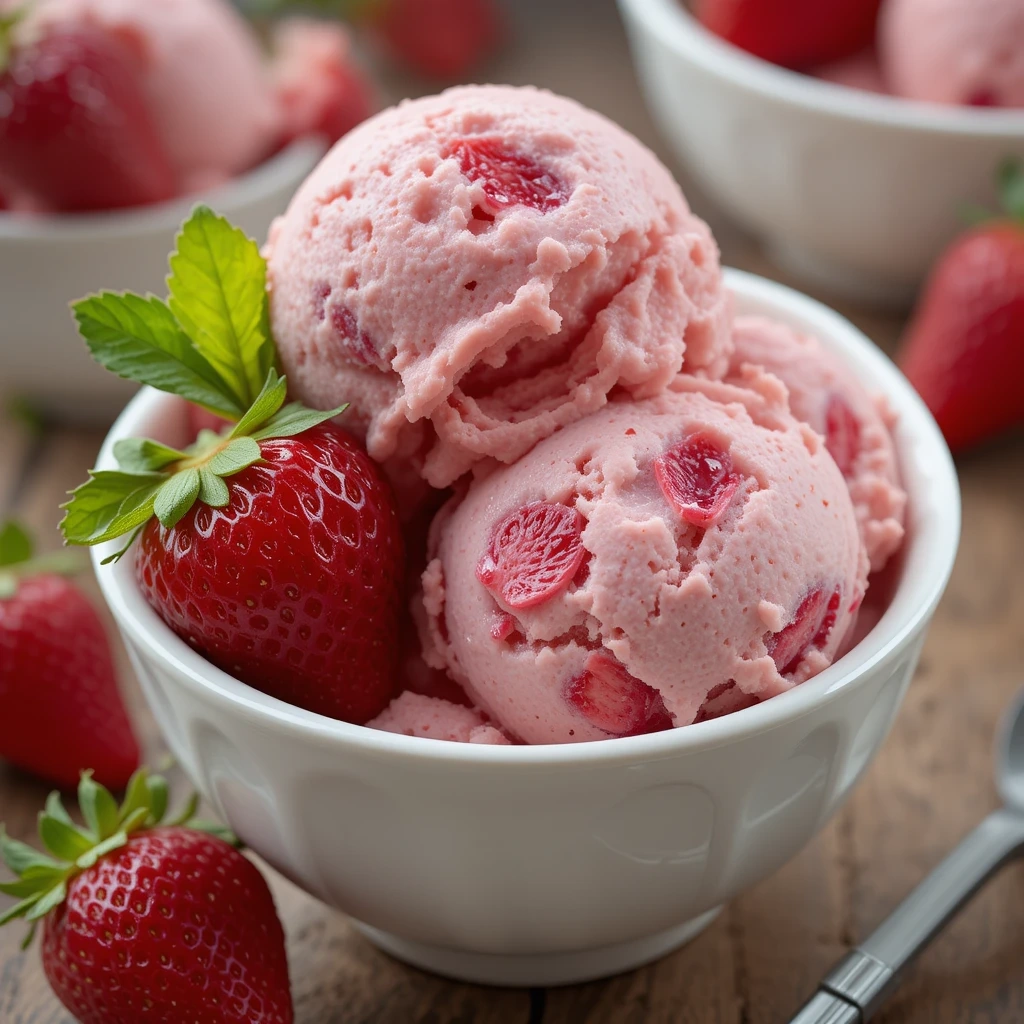 Homemade no-churn strawberry ice cream with roasted berries in a white bow