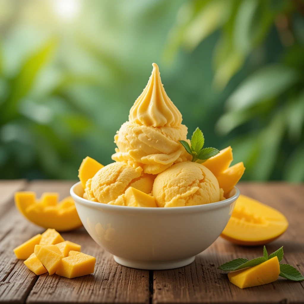 Creamy and vibrant homemade mango ice cream in a bowl with fresh mango garnishes.