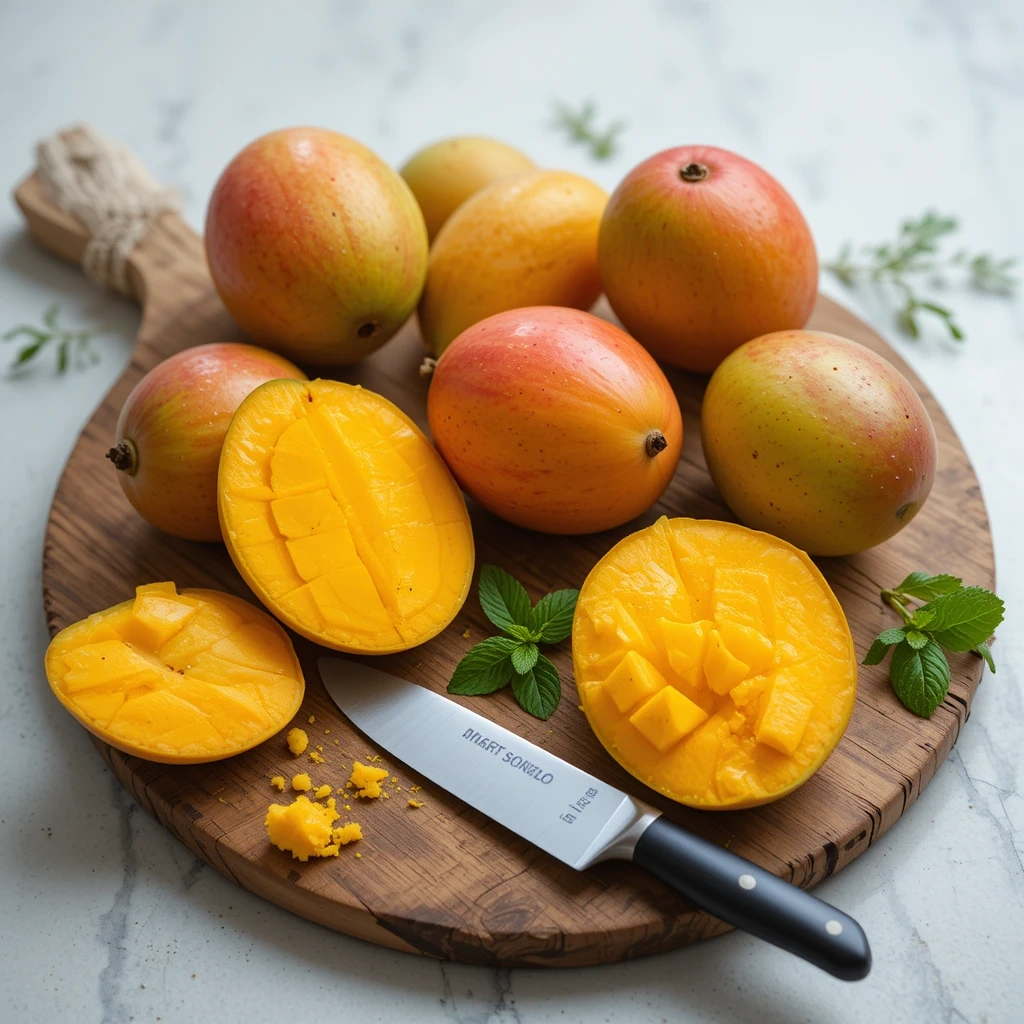 Assortment of ripe mangoes of different varieties on a wooden cutting board.