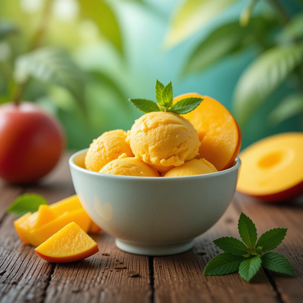 Creamy and vibrant homemade mango ice cream in a bowl with fresh mango garnishes.