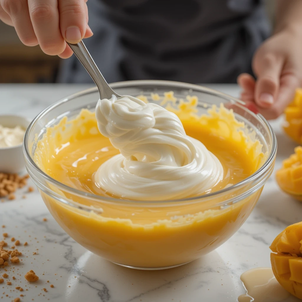 Gently folding whipped cream into mango puree for creamy ice cream.