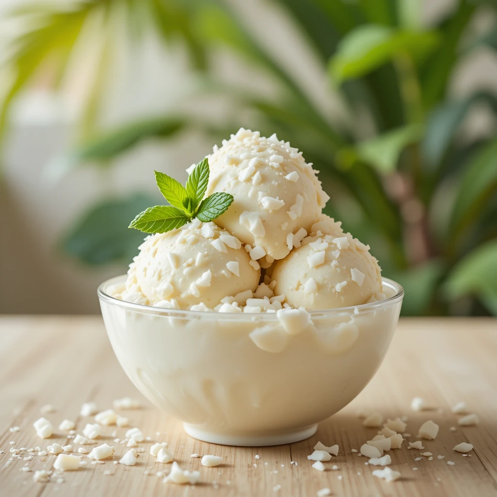  Creamy vegan coconut milk ice cream in a bowl with coconut flakes and mint.