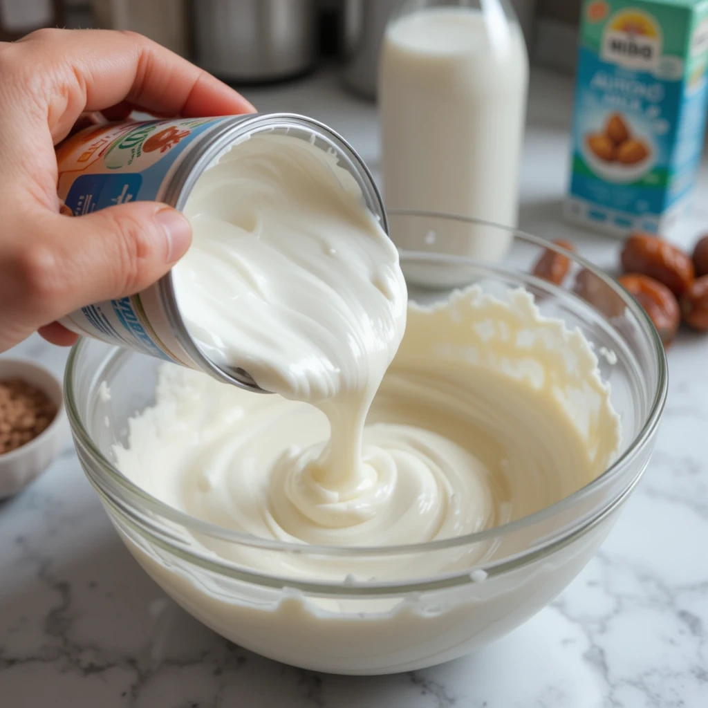 Scooping thick coconut cream from a can for vegan ice cream.