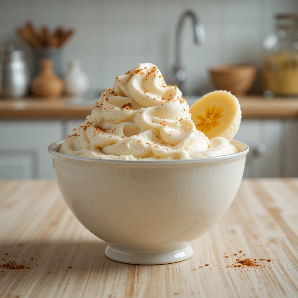 Creamy banana nice cream in a bowl with banana slices and cinnamon.