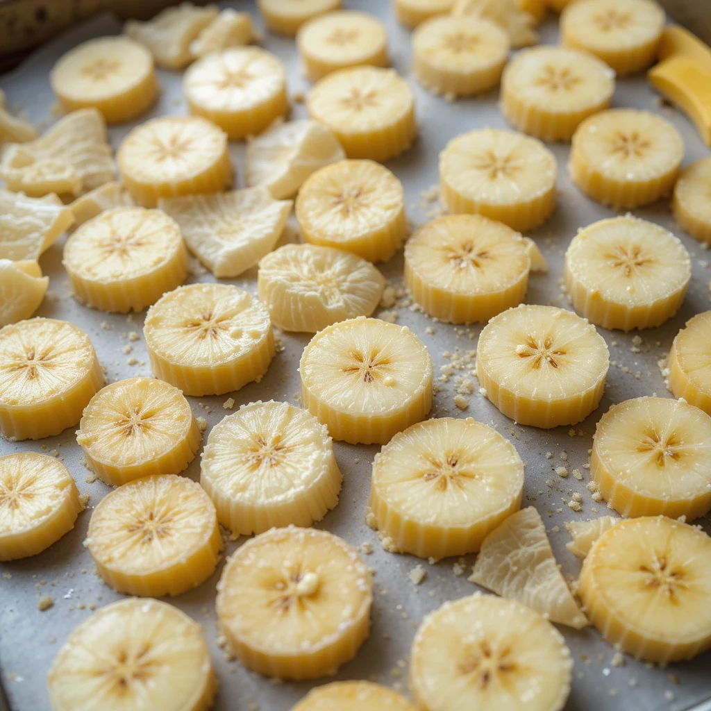 Sliced ripe bananas on parchment paper, ready for freezing.