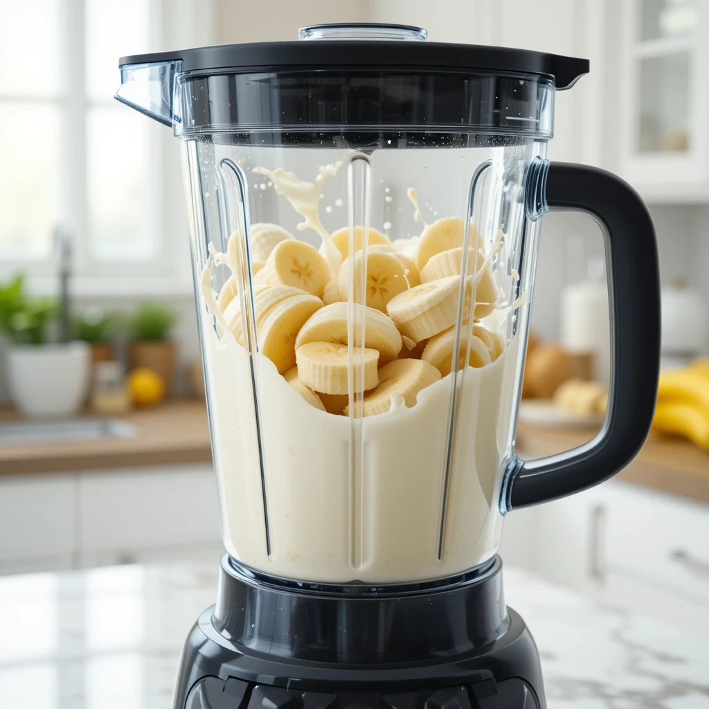 Frozen banana slices blending into creamy nice cream in a high-powered blender.