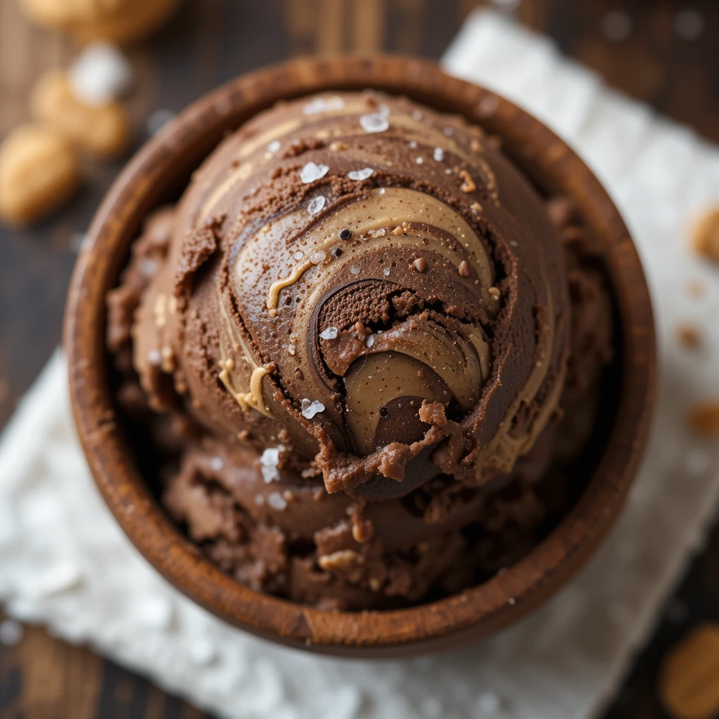 Decadent Chocolate Peanut Butter Swirl Ice Cream in a wooden bowl