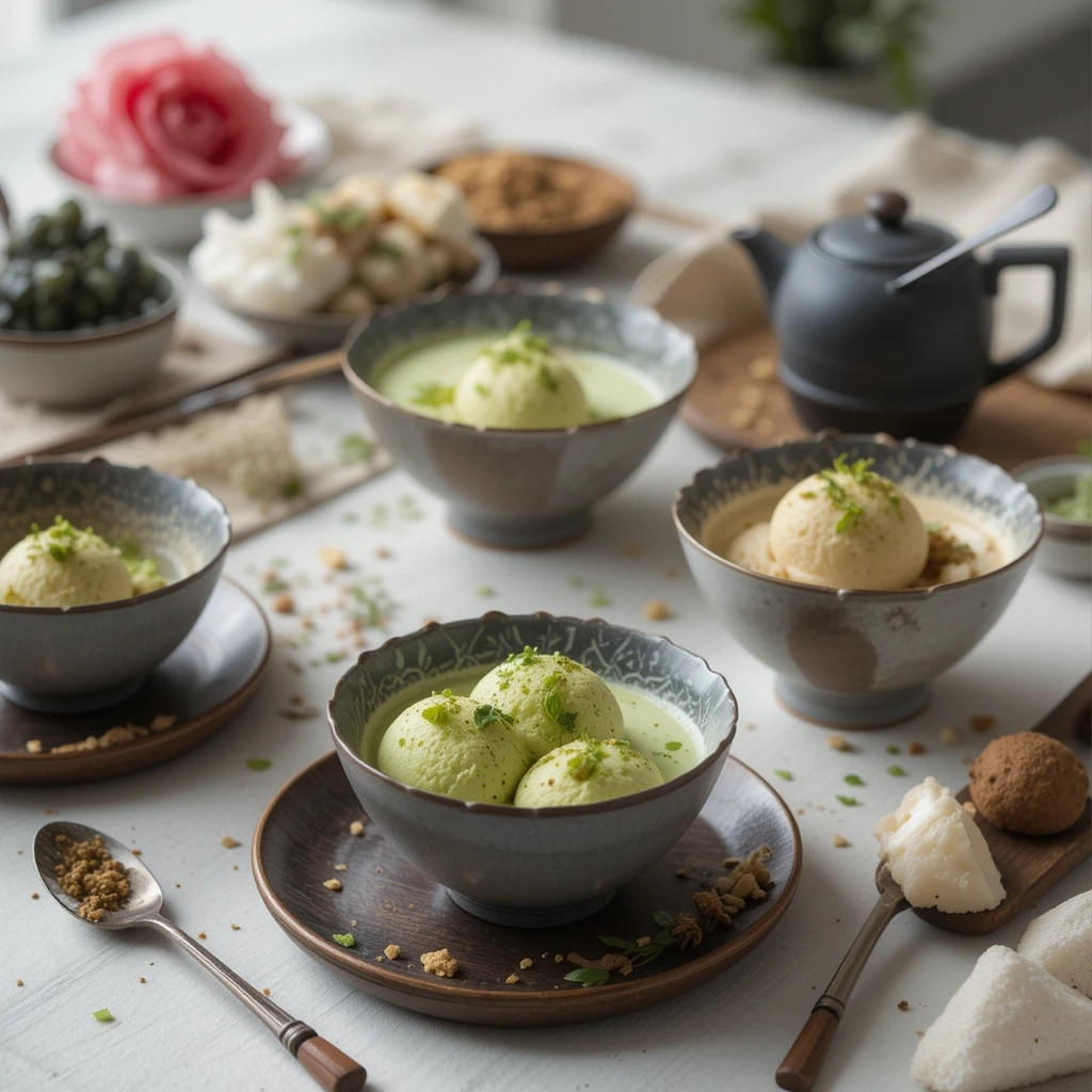 Matcha ice cream served with tea and mochi