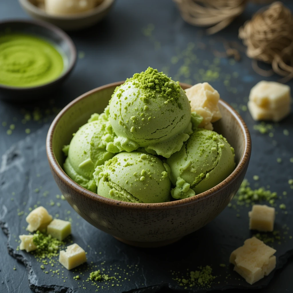 Homemade matcha green tea ice cream with mochi
