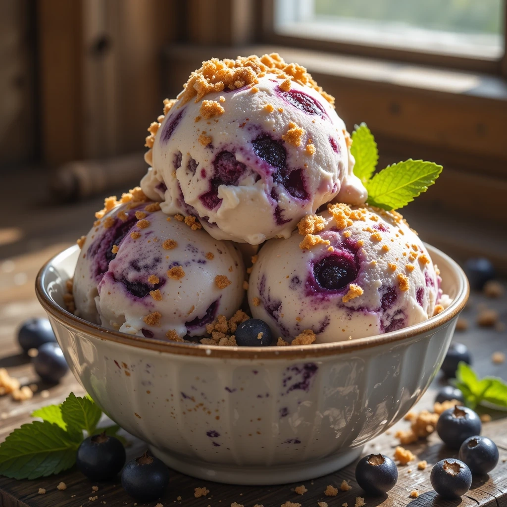 No-churn blueberry cheesecake ice cream topped with graham crackers