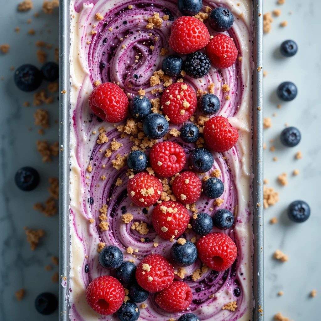Scoop of blueberry cheesecake ice cream with toppings