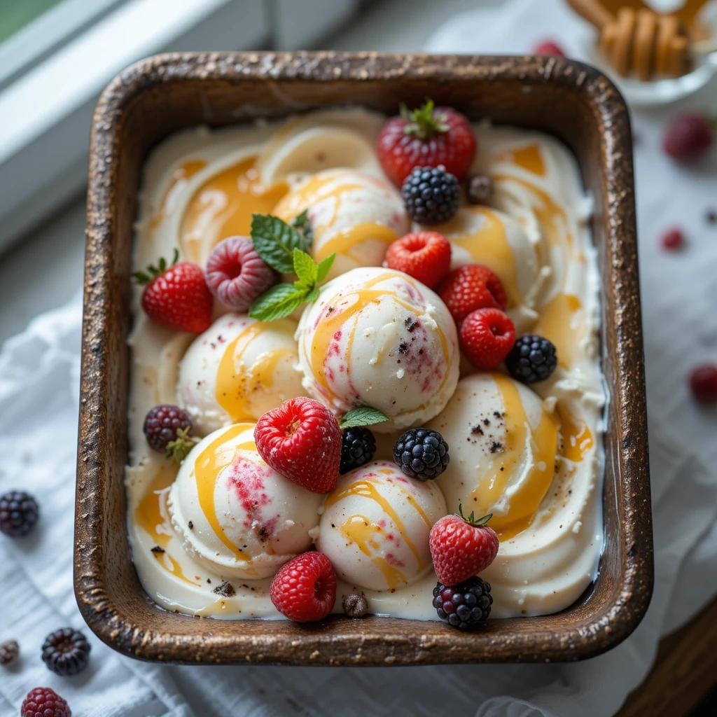 Scoop of honey yogurt ice cream with toppings